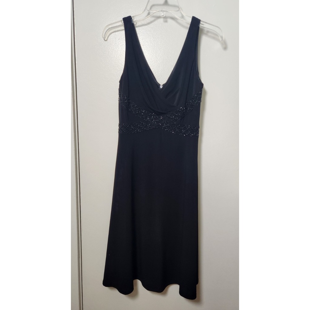 Jessica Howard Sleeveless Beaded Black Midi Dress Sz 8 Ruched Y2K Milkmaid 90s